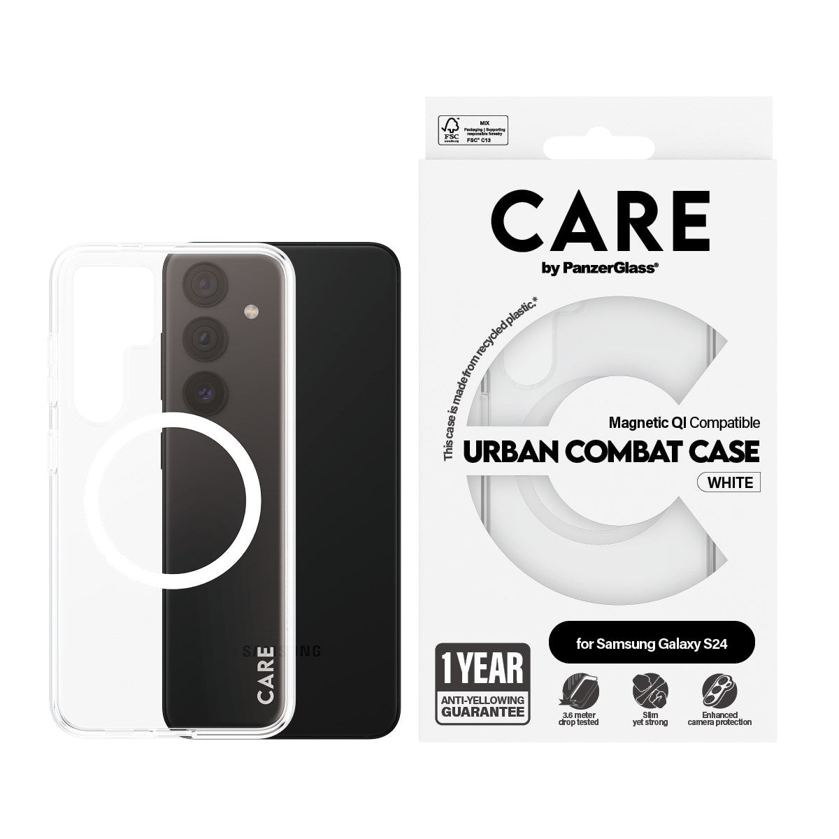 CARE by PanzerGlass® Flagship Case Transparent Urban Combat m. Weiß Qi Compatible Samsung Galaxy S24